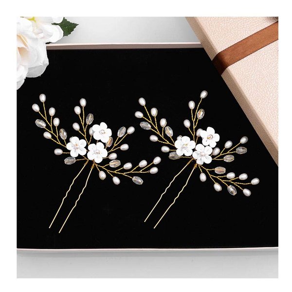 Yokawe Bridal Wedding Hair Pins Gold Crystal Bride Hairpin Pearl and Flower Hair Accessorise （2 pieces）