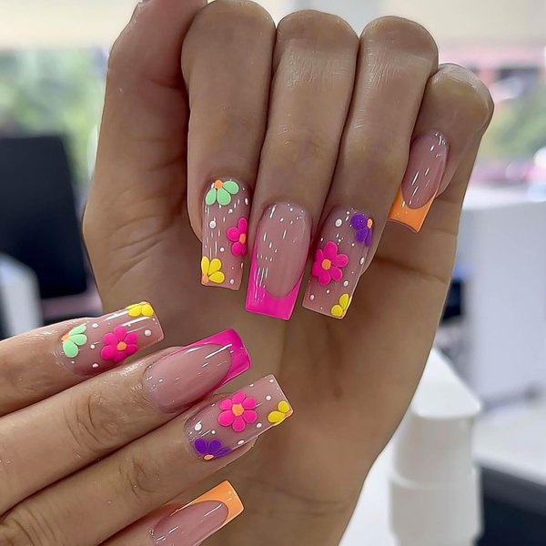Vokupoga French Tip Press on Nails Medium Square Fake Nails with Nail Glue Nude Acrylic False Nails with Colorful Flower Designs Glossy Artificial Nails Spring Cute Stick on Nails for Women 24Pcs