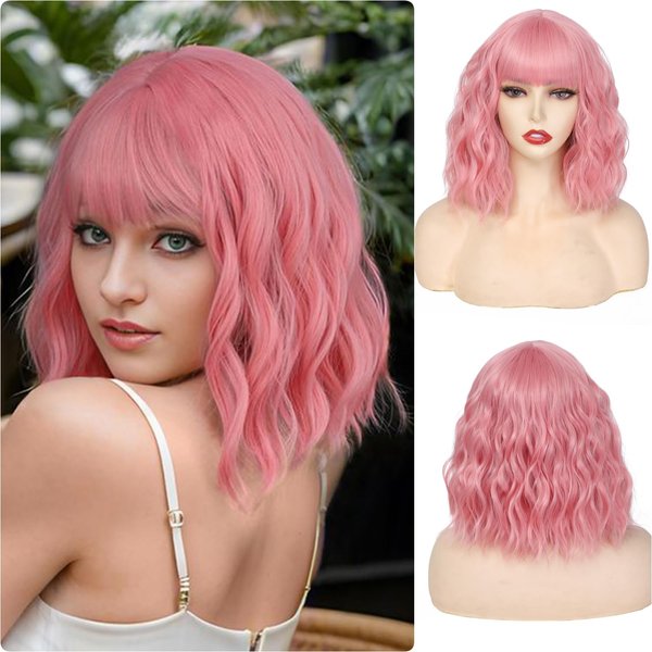 VOLLIUKE Short Pink Bob Wavy Wig with Bangs for Women Shoulder Length Women's Charming Synthetic Wigs with Natural Wavy Pink Heat Resistant Fiber Wig for Daily Party Use