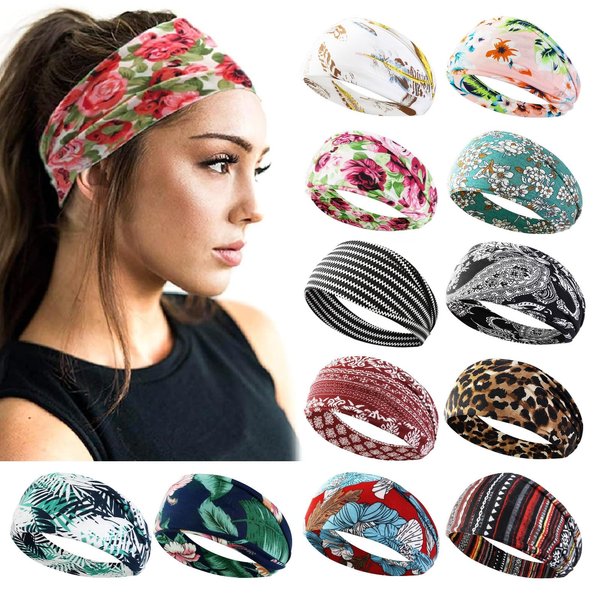 AKTVSHOW 12 Pack Boho Headbands for Women Non Slip, Wide Women Headbands for Hair Fashion, Elastic Hair Bands for Women's Hair Yoga Workout Sweat Bands Headband for Women Trendy Hair Accessories