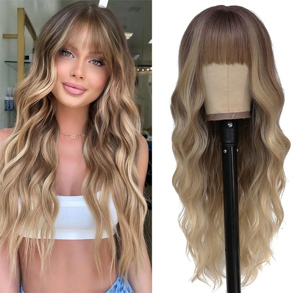 Blonde Wig with Bangs Long Wavy Ombre Blonde Wigs for Women 26Inch Synthetic Natural Looking Hair Replacement Wig for Daily Party Use Cosplay Costume Halloween Wig