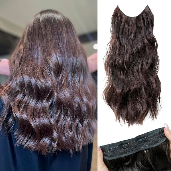 Zijiaer Halo Hair Extensions 20 Inches Dark Brown Long Wavy Shape Adjustable Size Invisible Steel Wire Extensions with Transparent Headband 4 Fixed Safety Clips Suitable for Women