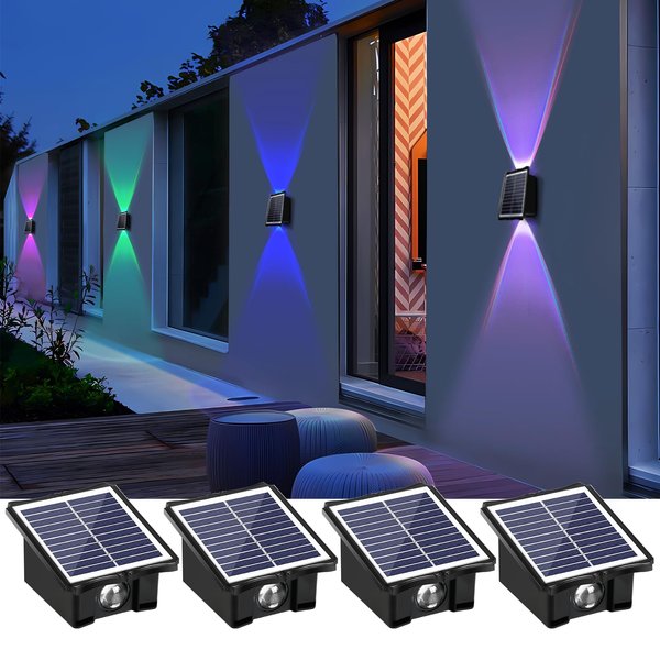 WONYO 2LEDs Multi-Color Solar Wall Lights, Up and Down Lighting Solar Outdoor Light Waterproof IP65, Solar Fence Light for Yard Garden Garage Pools Deck(4 Pack)