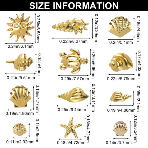 Pndeyo Ocean Nail Charms Nail Art Stickers 2 Disc, Beach Starfish Sea Seashell Nail Charms Decals, Gold Metal 3D Nail Gems Decals for Manicure DIY Nail Embellishments 12 Style