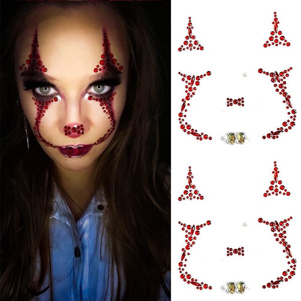 2 Pack Red Face Gems Jewels Tattoos for Halloween,Day of the Dead Skull Rhinestone Temporary Face Tattoo Stickers for Women Men Cosplay Makeup Outfit