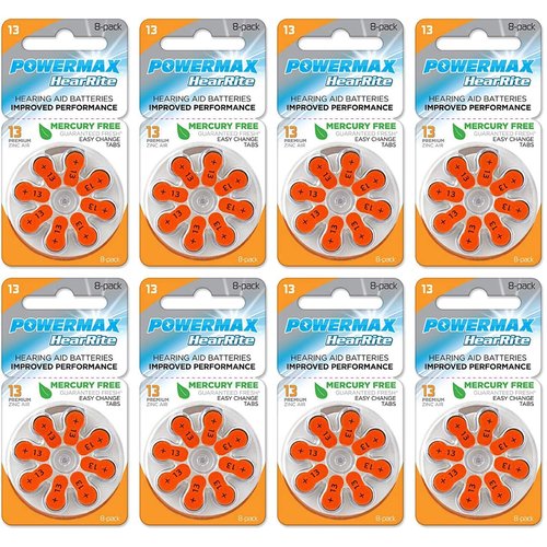 Powermax Size 13 Hearing Aid Batteries, Orange Tab, 64 Count