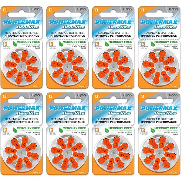 Powermax Size 13 Hearing Aid Batteries, Orange Tab, 64 Count