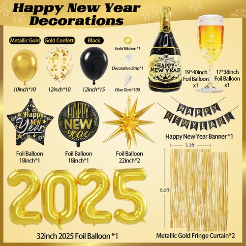 Happy New Year Decorations 2025 with Black Gold Confetti Balloons 2025 Number Balloons New Year Banner Gold Fringe Curtain Backdrop Champagne Balloon for New Years Eve Party Supplies Nye Decorations