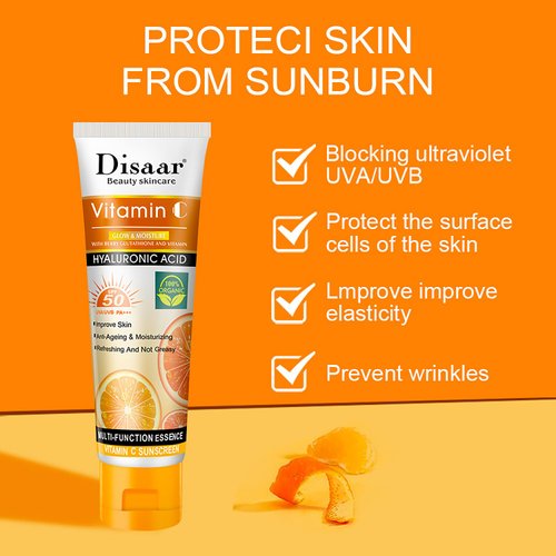 DISAAR BEAUTY Vitamin C Sunscreen Orange Extract Hyaluronic Acid SPF50 UVA/UVB PA+++ Moisturizing Refreshing Skin 50g / 1.69fl.oz