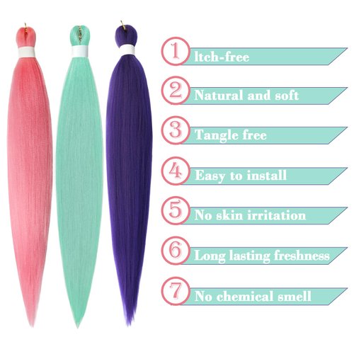 Pink Mint Lavenderpurple Pre stretched Braiding Hair, 26 Inches Kanekalon Box Braids Hair Extensions, 3 Packs Yaki Texture Braiding Hair Pre stretched