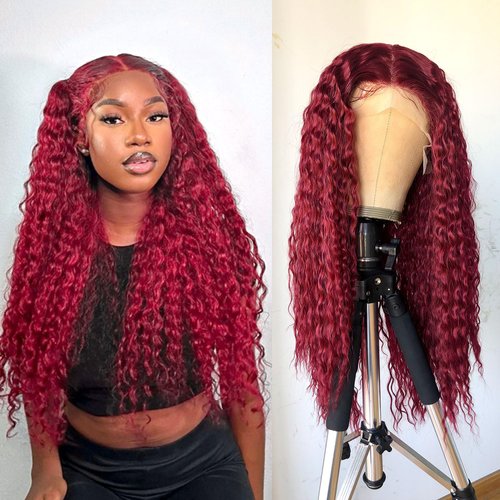 RunM Curly Lace Front Wigs for Black Women, HD Glueless 13X4X1 Long Curly Lace Front Wig with Baby Hair Synthetic Lace Front Wigs 26 Inch(Burgundy)
