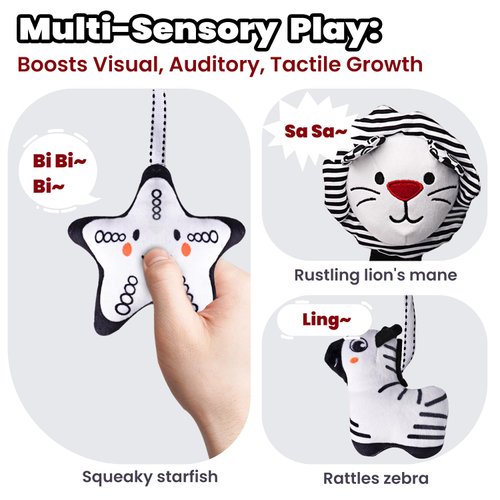 LiKee Spiral Car Seat Toys for Babies 0-6 Months, Black High Contrast Plush Hanging Baby Stroller Toys, Crib & Carseat Sensory Activity for Newborn, Ages 0+ Years 6-12 Month Infants Boy Girl Gifts