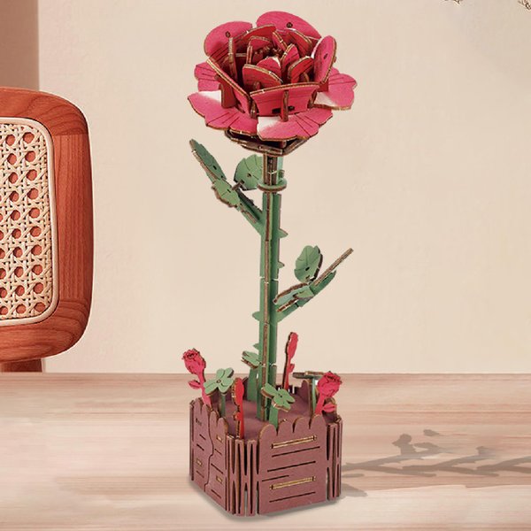 Stay Fun 3D Wooden Puzzle Flower, Artificial Wildflower Building Set for Adult, Model Botanical Collection Gift for Valentine's Day/Mother's Day/Birthday/Christmas, DIY Flower Toy Set (Rose)