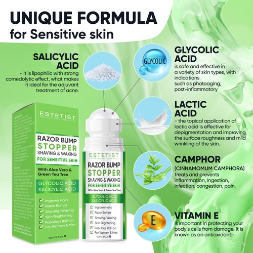 Estetist Razor Bump Stopper For Sensitive Skin - Ingrown Hair Treatment For Face, Underarm, Bikini Area, Legs, After Shave Roll On Moisturizer Serum with Aloe Vera, Tea Tree, Salicylic & Glycolic Acid