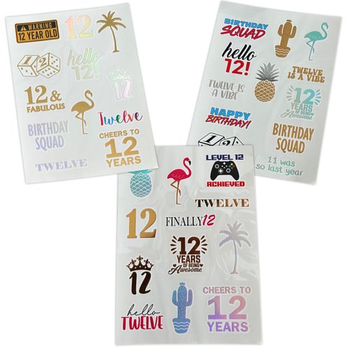 12th Birthday Temporary Tattoos (4 Pages) - 12th Birthday Party Supplies, Ideas, Gifts and Decorations