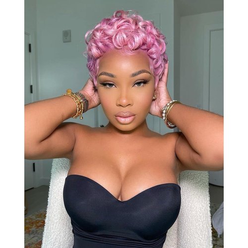 Fencca Short Pink Curly Wig Afro Pixie Cut Curly Wigs for Women Pixie Fluffy Wig with Bangs Mixed Pink Synthetic Cute Wigs for Black Women
