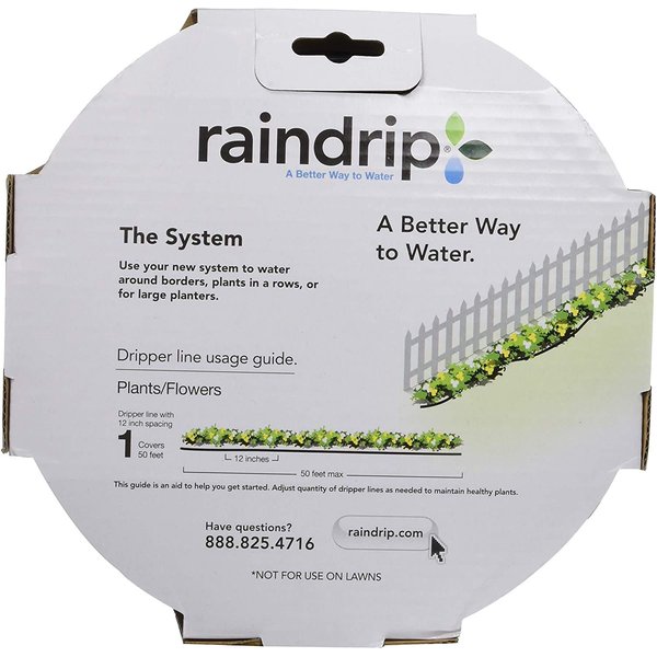 Raindrip R280DT Drip-A-Long™ 1/4 in. Dripline Kit includes 50 feet of 1/4-Inch Dripline preassembled with 1/2 GPH drippers, 5 Barbed Tees, 5 Barbed Elbows, 5 Barbed Couplings, 5 End Plugs
