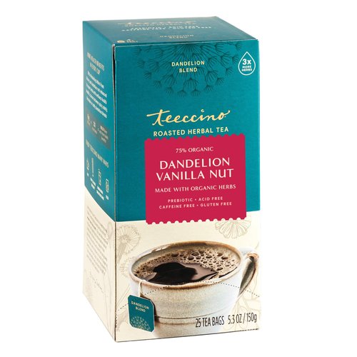 Teeccino Dandelion Herbal Tea - Vanilla Nut - Caffeine Free, Prebiotic, Gluten Free, 3x More Herbs - 25 Tea Bags