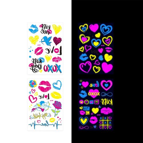 Neon Night Light Tattoo Sticker Glow in The Dark Music Party Waterproof Temporary Nightglow Stickers Music Guitar Bar Glitter Disco Fantastic Fluorescence Tattoos for Women Man Party Decoration