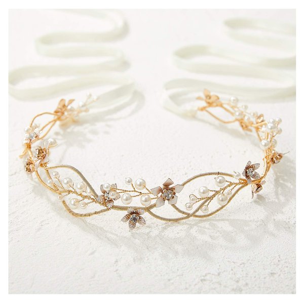 SWEETV Gold Bridal Headpiece Pearl Wedding Headband Flower Design Rhinestone Hair Accessories for Bride Bridesmaid