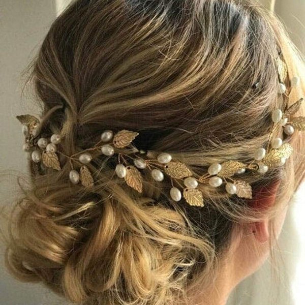 Unicra Wedding Leaf Hair Vine Bridal Pearl Headpiece Headbands Gold Hair Accessories for Brides and Bridesmaids(15.75inches) (Gold)