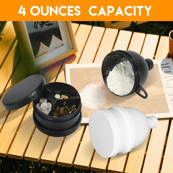 BooMetCheer 2 Pcs Protein Powder Funnel with 2 Shaker Bottle Ball and 2 Keychain,Portable Protein Powder Container To Go & Dispenser Tablet 4 OZ/120Ml Black And White