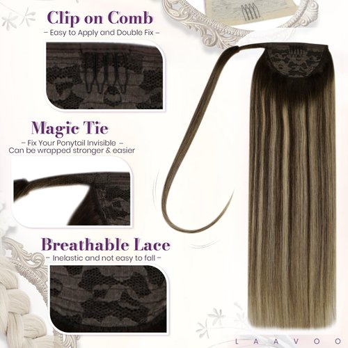 LaaVoo Brown Ponytail Extension Human Hair 80G 20inch Balayage Ombre Brown Fading to Caramel Brown Highlights Clip in Wrap Around Ponytail Human Hair Extensions