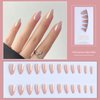 24 Pcs Short Almond Press on Nails, ASONRL Aurora Pink Solid Glossy Medium Fake Nails - Nail Kit with Nail Glue Mini Nail File Reusable Acrylic False Nails for Women, Almond Pink Aurora