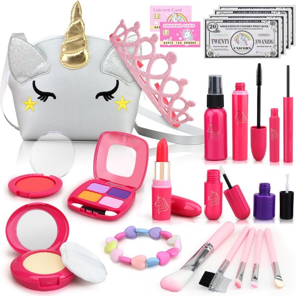 Toddler Girl Toys, Unicorn Pretend Makeup Kit for Girls, Kids Play Makeup Set for Kids 3-5 4-6, Toddler Makeup Kit with Fake Makeup Set, Car Key & Make up Toy for Age 3 4 5 Year Old Girl Gifts
