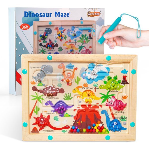 Montessori STEM Dinosaur Magnetic Wooden Puzzle Maze – Educational Learning Toy for Kids, Fine Motor Skills Development, Hand-Eye Coordination, Problem Solving, Ages 3+