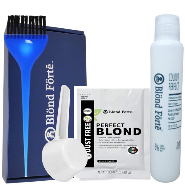Blond Forte Perfect Blond DIY 1 Oz/30 Gram Hair Lightener Bleaching Powder Combo + 120 ML 6%, 20 Vol Developer (Blue Lightening Powder)