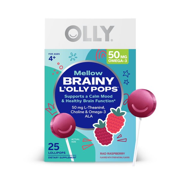 OLLY Mellow Buddies L’OLLY Pops, L-Theanine, Choline, Omega-3 ALA, Kids 4+ Dietary Supplement Lollipops, Supports a Calm Mood & Healthy Brain Function,* Vegan, Raspberry Flavored, 25 Count