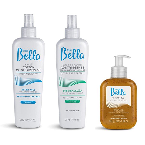 Depil Bella Skin Care Produts, Yellow Pack, Pre Waxing Astringent Lotion (500 ML), Post Waxing - Oil Moisturizing Remover (500 ML), Chamomile Body Gel (250 g).
