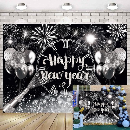 Black Silver Happy New Year Backdrop 2025 New Years Party Banner Backdrop New Years Eve Annual Countdown Party Supplies Fireworks Glitter Dots Cheers to Family Party Decor Banner (82x59 inch (7x5FT))