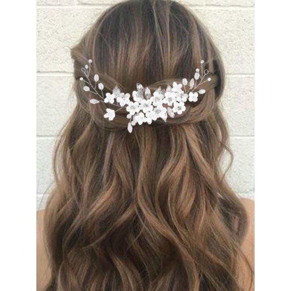 Latious Silver Flower Bride Wedding Hair Vine Crystal Bridal Hair Piece Leaf Hair Accessories Rhinestone Hair Jewelry for Women and Girls (7.08Inches)