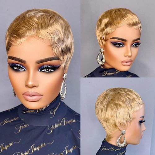 YKHJH Honey Blonde Pixie Cut Wig Human Hair Glueless Wigs Ready to Go Short Human Hair Wigs for Black Women Pixie Wig with Bang Short Straight Wigs for Women 100% Human Virgin Hair(27#)