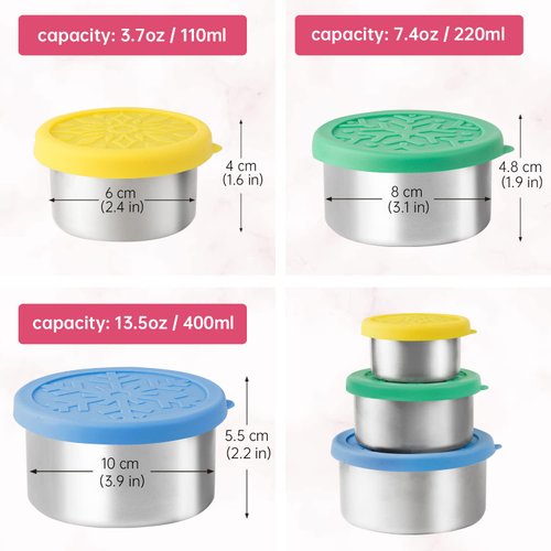 LALASTAR Stainless Steel Food Containers with Lids, Set of 3 Reusable Snack Containers (110 ml, 220ml, 400ml), Leakproof Silicone Lids, Metal Food Storage Containers for Snack, Lunch, Bento, Sauce