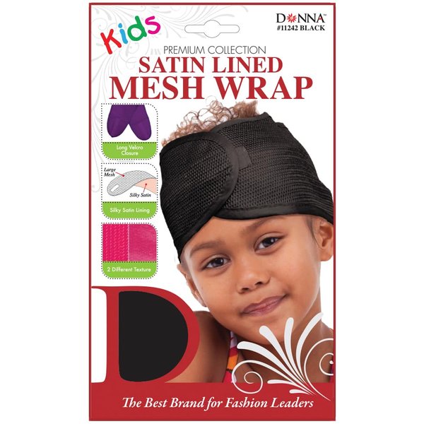 DONNA KIDS Satin Lined Mesh Wrap Silk Hair Wrap for Sleeping Head Wrap for Kid, Girl BLACK