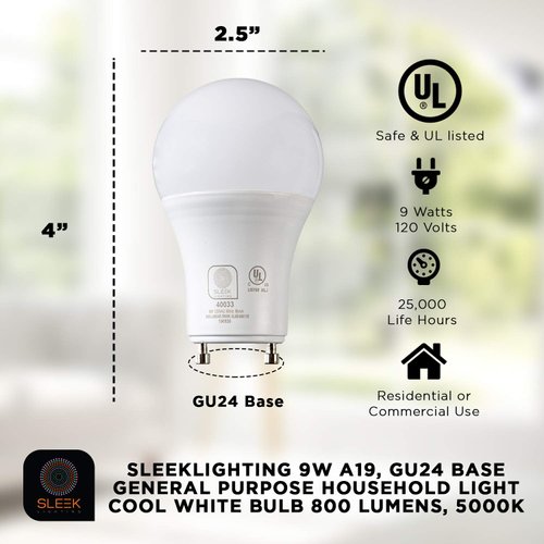 SLEEKLIGHTING GU24 LED Light Bulb, 2 prong Light Bulb - Dimmable,9 WATT, Twist Lock Base, Replacing CFL Ceiling Lights, 5000K Daylight White, 240 Degree, UL Listed - 4 Pack