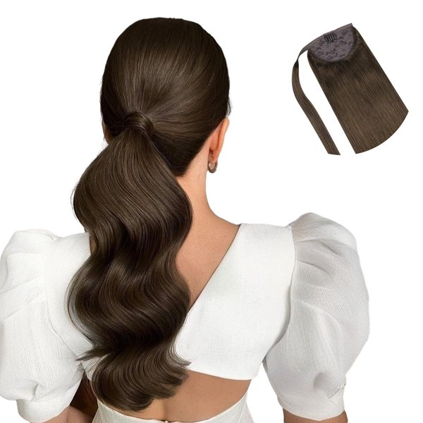 HOTBANANA Ponytail Extension, 22 Inch Ponytail Extension Human Hair Clip in Wrap Around Ponytail Hair Piece Chocolate Brown Long Straight Remy Human Hair Extension 90g