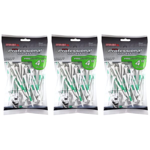 PRIDE PROFESSIONAL TEE SYSTEM PROLENGTH MAX 4" WHITE GOLF TEES - 3 BAGS