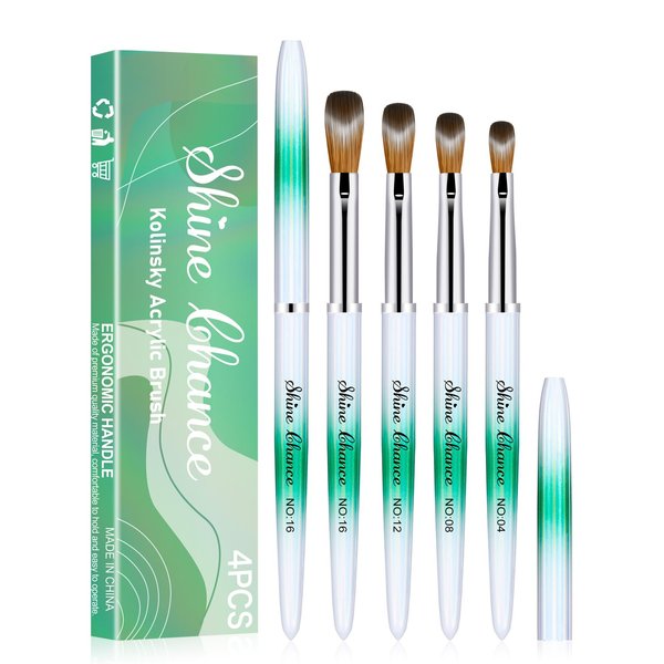 Shine Chance 4Pcs Acrylic Nail Brushes Set, Kolinsky Acrylic Nail Art Brush, Art Design & Polish Mistake Cleaning Manicure Tools for Women Acrylic Application (Size 4 8 12 16)