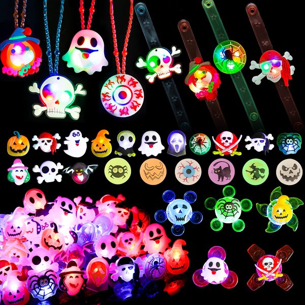 Halloween Party Favors for Kids - 57 PCS Halloween Decorations LED Flash Rings Light Up Necklaces Halloween Toys, Glow in the Dark Halloween Party Supplies, Halloween Gifts/Halloween Treats for Kids