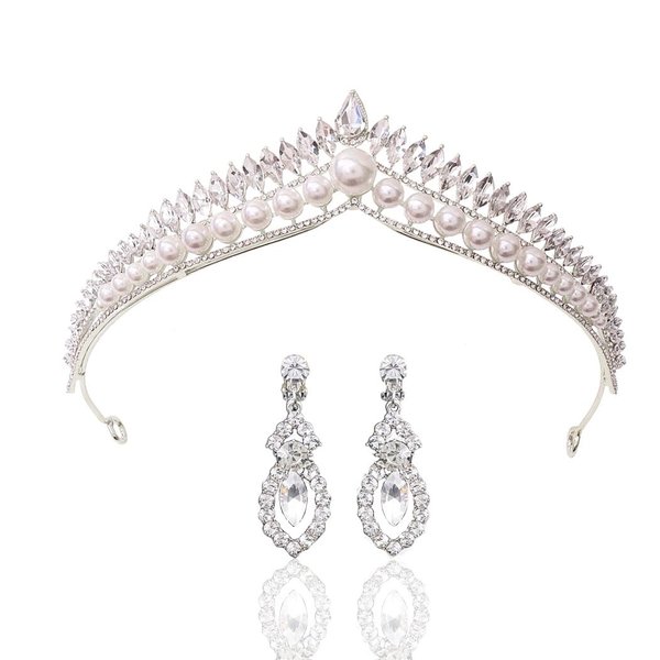 Obmyec Wedding Pearl Crystal Head Crown Silver Earring Tiaras Queen Rhinestone Headpiece Bridal Sparkly Party Hair Accessories for Women and Girls