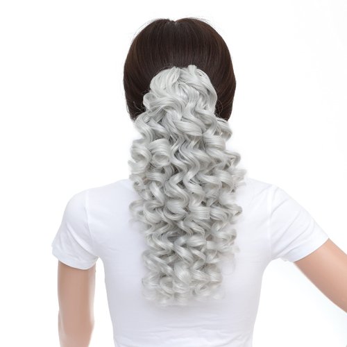 SWACC 12-Inch Ponytail Extensions Synthetic Clip in Drawstring Curly Ponytail Hairpiece Jaw Clip Hair Extension (Silver Gray)