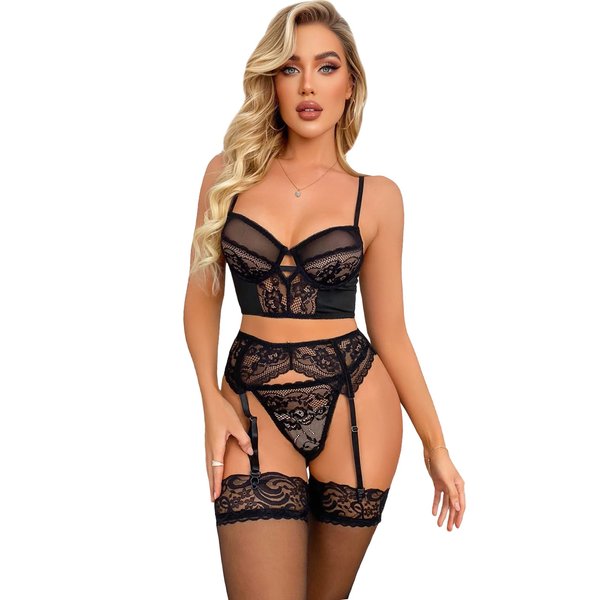 SOLY HUX Sexy Lingerie for Women Naughty 4 Piece Lace Garter Belt Bodydoll Lingerie Set with Stocking Underwire Bra and Panty Black S