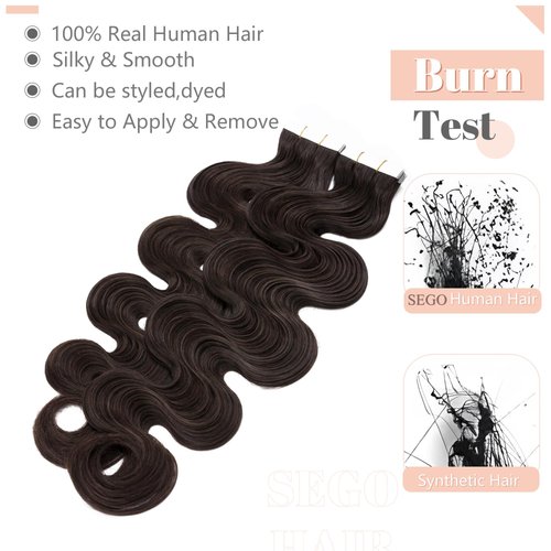 SEGO 14 Inch Tape In Hair Extensions 20pcs 40g /Dark Brown-Body Wave//Ombre 100% Remy Human Hair Balayage Rooted Hair Invisible Seamless Skin Weft Double Side Tape for Women