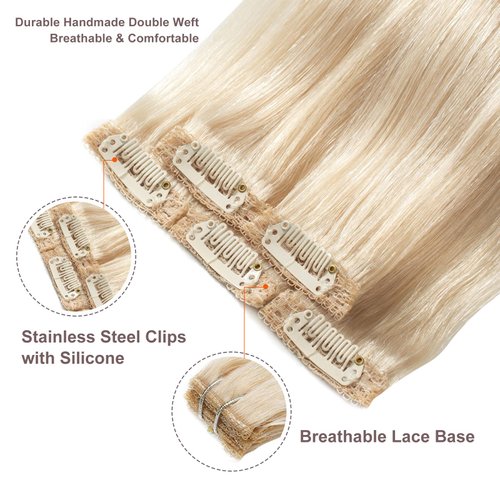 FUBILI Blonde Clip in Hair Extensions Real Human Hair 16inch 30g 5Pcs Platinum Blonde Remy Hair Extensions Clip ins for Women Long straight hair