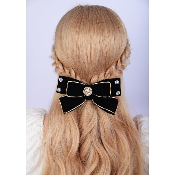 Jumwrit Black Velvet Hair Bow for Women Nonslip Metal Bow Hair Clip Shiny Flower Rhinestone Bowknot Hair Barrette for Girls Teens Kids Halloween Ponytail Holder Big Hair Clips Accessories (Black)