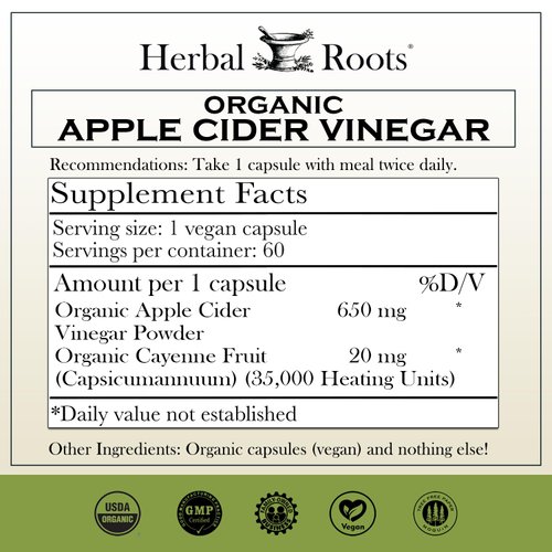 Herbal Roots Organic Apple Cider Vinegar Capsules with Mother and Organic Cayenne | 650 mg | 60 Vegan Capsules